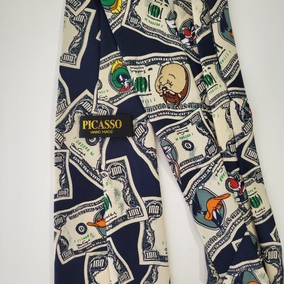Vintage 90s Looney Tunes‎ Character Money All Over Print Men's Neck Tie - Picture 6 of 7